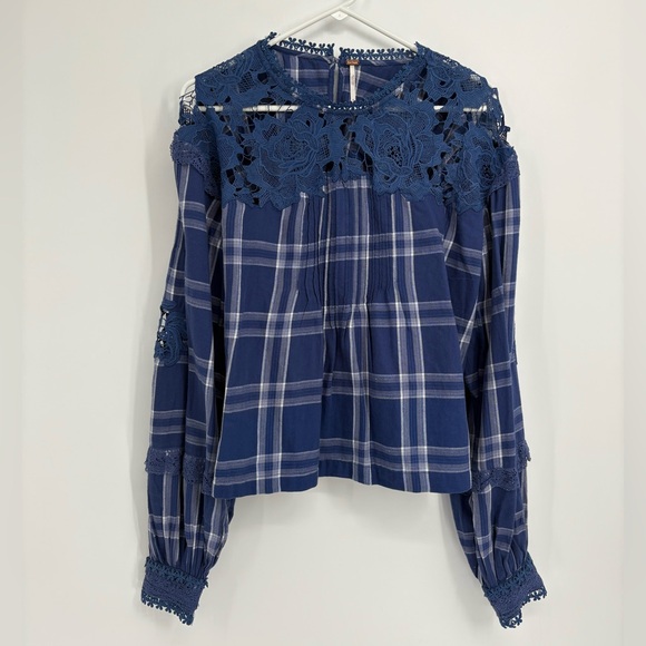 Free People Darling Diana Blue Printed Lace-Trim Top - Picture 3 of 12